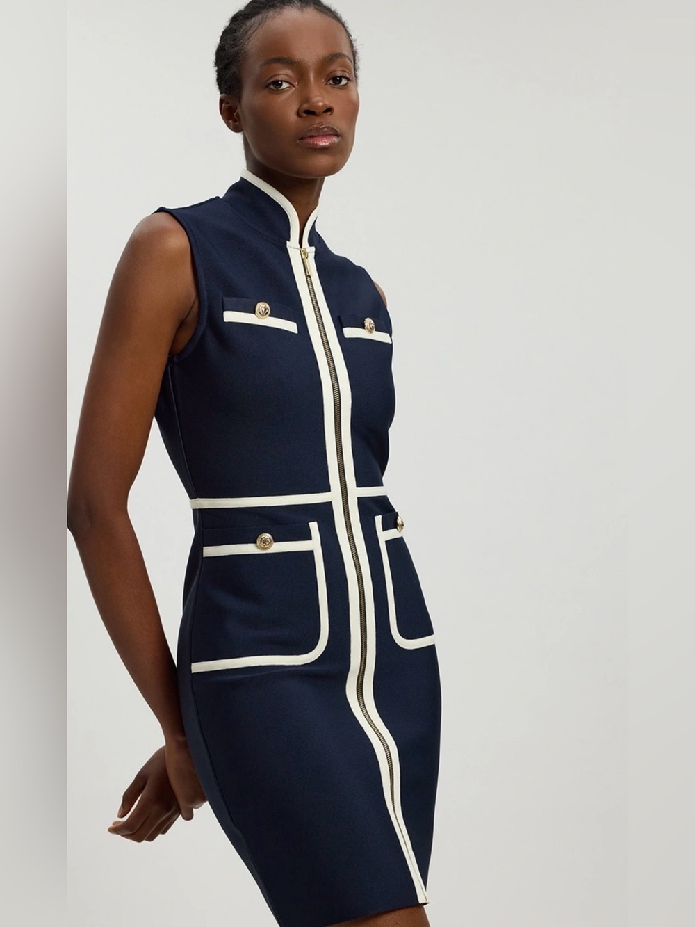 Karen Millen Navy Mini bandage Dress with White Trim size S (4) NWT*